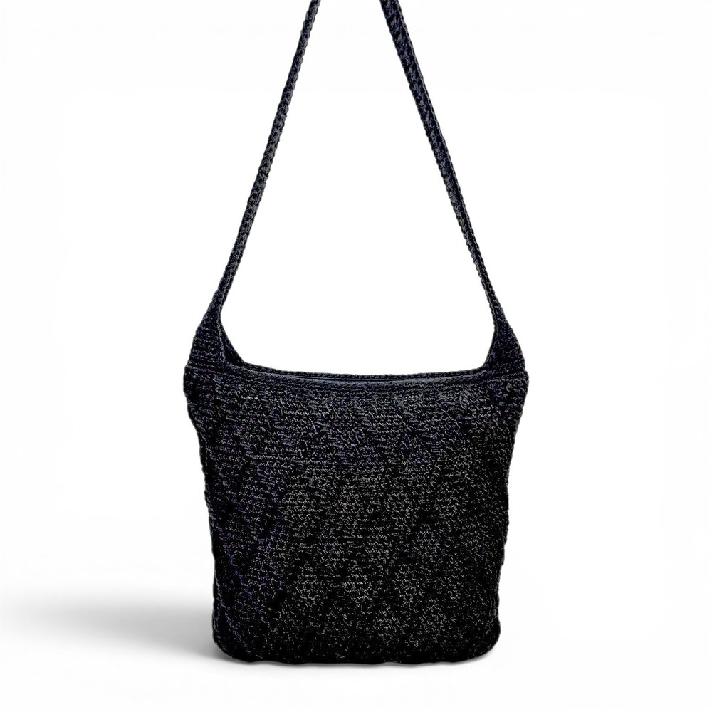 The Sak Black Crochet Diamond Weave Shoulder Bag Medium Hobo Zip Top EUC